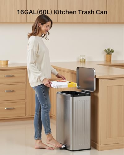 60 Liter 16 Gallon Stainless Steel Trash Can with Soft (Silver / 16 Gallon)