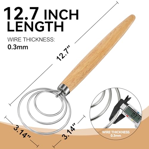 Danish Dough Whisk Dutch Bread Mixer Stainless Steel Hook Wooden Handle Baking Tools for Sourdough Pizza Pastry Cake Batter Making (White Wax Wood-3Q / 1 Pack)