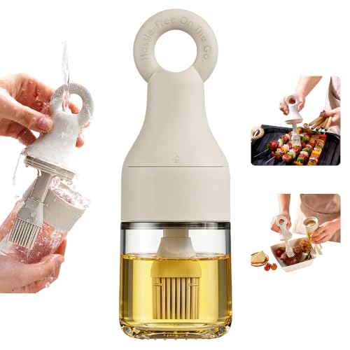 2-in-1 Oil Dispenser with Brush, 150ml Glass Olive Oil Bottle with Silicone Basting Brush, Leak-Resistant Sauce Brush Bottle for BBQ, Baking, Grilling, Camping, White (White)