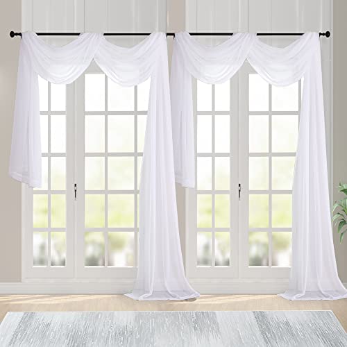 White Sheer Scarf Valances for Windows 216 Inch Extra Long (White / 42"W x 216"L (Pack of 2))