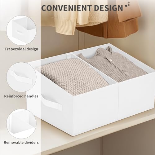 Large Closet Shelf Organizer Bins 6 Packs with Handles and Divider (White / 6 Bins 16.5"x11"x7.8")