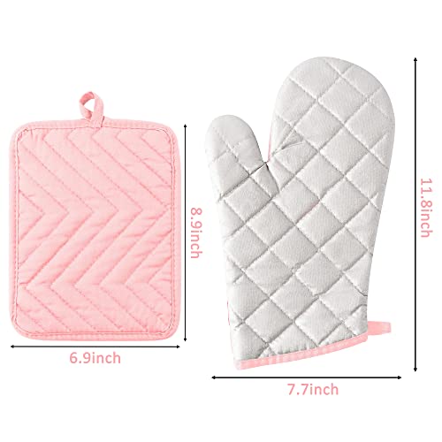 6Pcs Cotton Oven Mitts and Pot Holders Set Heat Resistant Hot Pads Durable Pocket Pot Holder Machine Washable BBQ Gloves with Hanging Loop for Safe Kitchen Baking Cooking Grilling Pink (Pink)