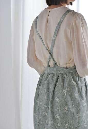 Japanese Cotton Linen Cross Back Work Apron for Women with Pockets Pinafore Dress Smock (03-flower)