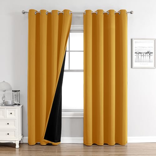 100% Blackout Curtains for Bedroom 90 Inches Long 2 Panels Set (52"W x 90"L (Pack of 2) / Mustard Yellow)