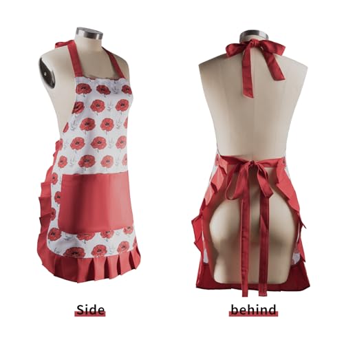 Vintage Floral Apron for Women with Functional Pockets Adjustable Neck Strap for Cooking Baking Mother's Gift (Rose)