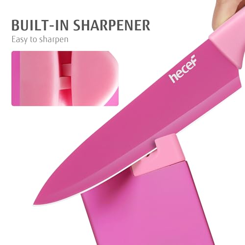 15 Pieces Kitchen Knife Set with Built (Hot Pink)