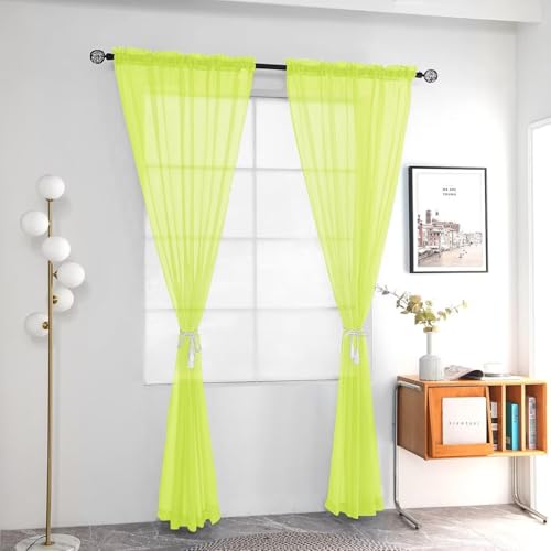 Solid Sheer Rod Pocket Curtain Voile Draperies 2 Panels White Beige Black Grey Ivory 52 Inch Width 72 Inch Long 1 Pair for Kitchen Bedroom Children Living Room Yard (Chartreuse / 52"W x 72"L (Pack of 2))