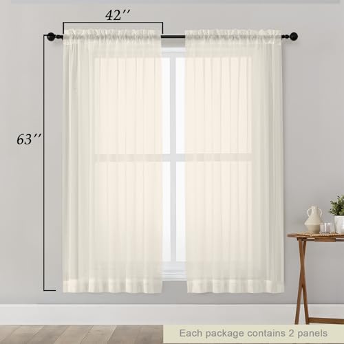 Cream Sheer Curtains 63 Inch Length 2 Panels Set for Living Room Bedroom (Cream / 42"W x 63"L (Pack of 2))