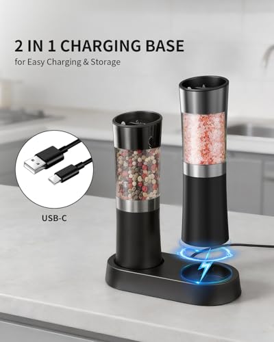 Gravity Sensor Salt and Pepper Grinder Set with Charging Base (Pure Black)