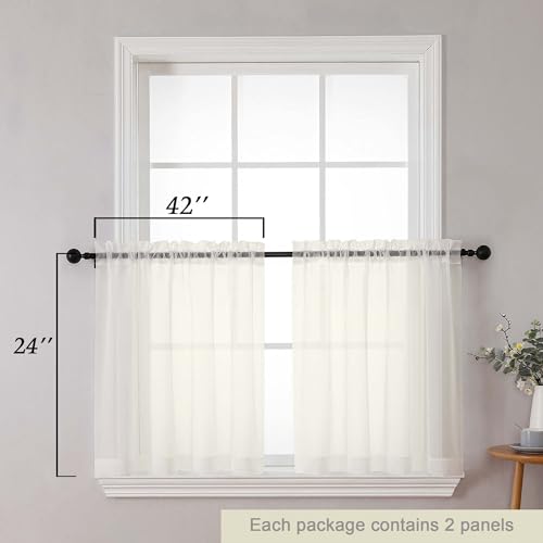 Kitchen Curtains 24 Inch Length Tier 2 Pieces (Ivory / 42"W x 24"L (Pack of 2))