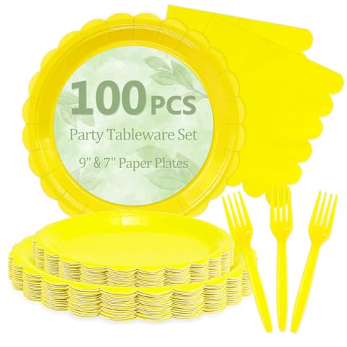 100 Cute Yellow Paper Plates and Napkins Disposable for Party (Yellow 100 Plate Set / 7 & 9-inch Set)