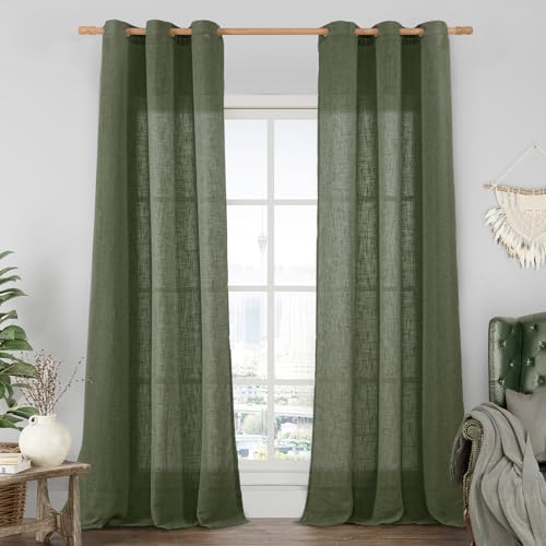 Olive Green Linen Sheer Curtains 84 inch Length 2 Panels Set (34"W x 84"L (Pack of 2) / Olive Green)