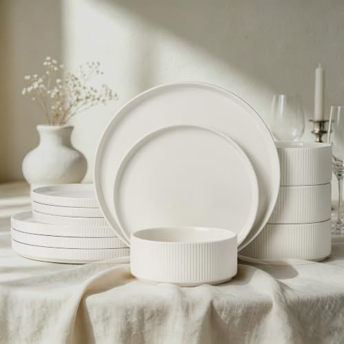 Stoneware Dinnerware Sets for 4 (Cream White / 4-Set(12pcs))