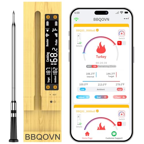 WiFi Sub 1G Wireless Meat Thermometer Unlimited Range 7 NIST Certified Sensors with Ambient Temp 2 Temp Monitoring Ways Digital Smart Base and App for BBQ (Single-Probe-Bamboo)