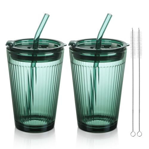 Glass Tumbler with Straw and Lid (Green-1)