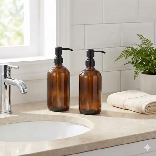 2 Pack Thick Amber Glass Pint Jar Soap Dispenser with Matte Black Stainless Steel Pump (Matte Black)