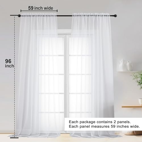 White Sheer Curtains 96 Inch Long 2 Panels for Living Room 59" Wide (White / 59"W x 96"L (Pack of 2))