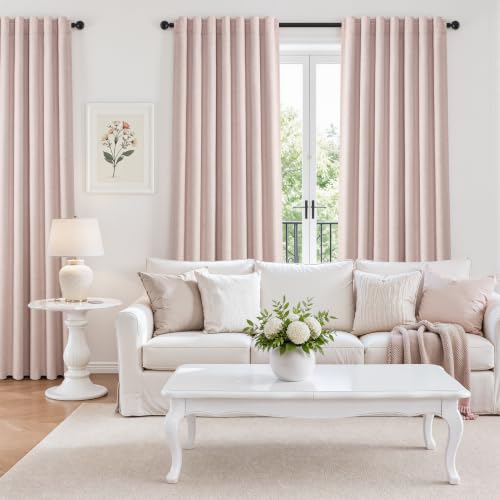 Elegant Blush Pink 102 Inch Curtains 100% Blackout Linen Textured for Living Room Bedroom Nursery Light Blocking Drapes Dusty Pink Back Tab Curtains with Rings Hooks 2 Panels Set (Soft Pink / 52"W x 102"L (Pack of 2))