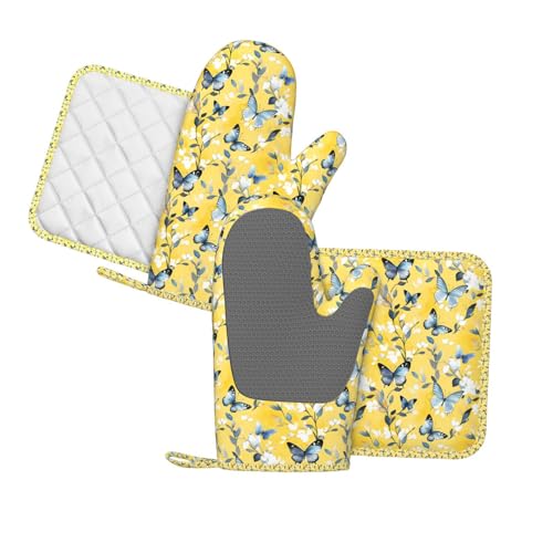 Oven Mitts and Pot Holders Watercolor Pastel Butterfly Flower Silicone Kitchen Accessories Set of 4 Heat Resistant Long Gloves Potholder Non (A0995)