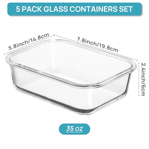 5 Pack 35oz Glass Food Storage Containers with Lids (Grey / 35oz)