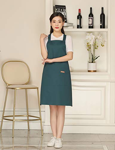100% Cotton Cross Back Apron for Women with 2 Pockets (#0 Adjustable Dark Green Cross-back)