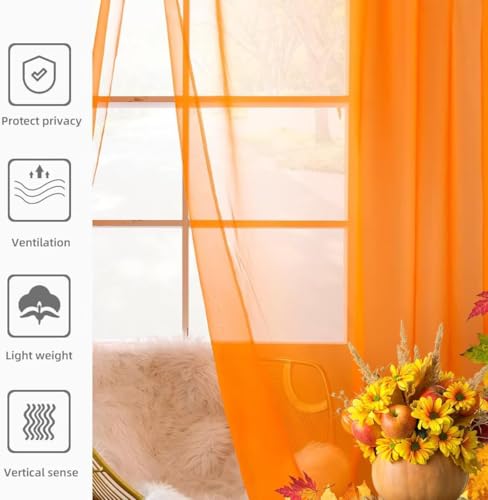 Solid Sheer Rod Pocket Curtain Voile Draperies 2 Panels White Beige Black Grey Coffee 52 Inch Width 90 Inch Long 1 Pair for Kitchen Bedroom Children Living Room Yard (Orange / 52"W x 90"L (Pack of 2))
