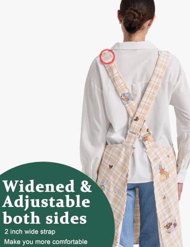 Cozy Adjustable Cross Back Aprons for Women with Pockets Cotton Linen Cooking Kitchen Baking Puppy Latte (Puppy Latte)