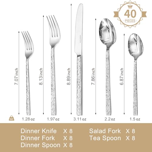 40 Pcs Hammered Silverware Set for 8 (Silver / 40-Piece)