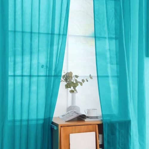 Solid Sheer Rod Pocket Curtain Voile Draperies 2 Panels White Beige Black Grey Coffee 52 Inch Width 90 Inch Long 1 Pair for Kitchen Bedroom Children Living Room Yard (Peacock Blue / 52"W x 90"L (Pack of 2))