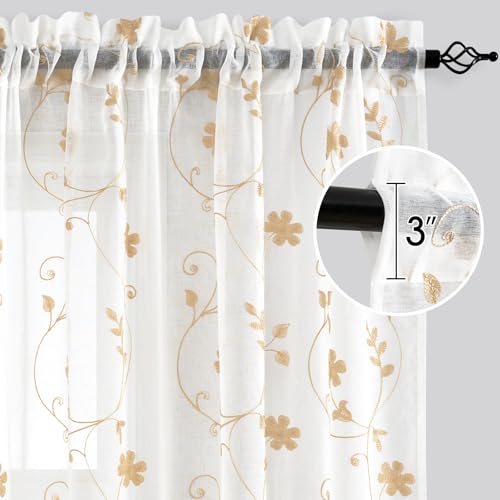 Yellow Sheer Curtains 84 Inches Long 2 Panels Yellow and White Embroidered Floral Pattern Semi Sheer Window Curtains for Bedroom Living Room (52"W x 84"L (Pack of 2) / White & Yellow)