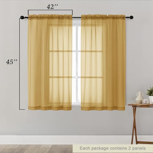 Gold Sheer Curtains for Bedroom Living Room 45 Inch Length 2 Panels (Gold / 42"W x 45"L (Pack of 2))