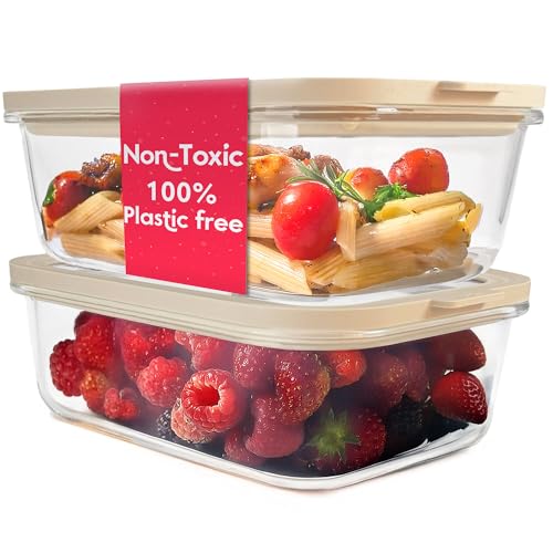 Non Toxic Glass Food Containers with Lids (Beige / 50 Oz)