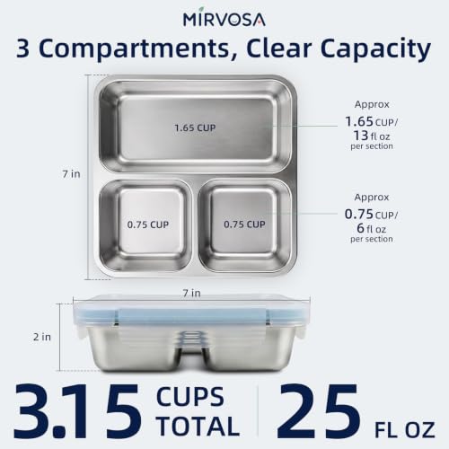 4 Pack 3 Compartment Stainless Steel Snack Containers with Lids for Kids