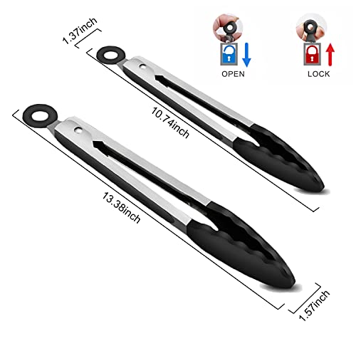 2-Pack of 9" (Small) & 12" (Large) Kitchen Tongs Set: Non-Stick Silicone-Stainless Steel Cooking Tongs, BPA Free, Heat Resistant (480°F) - Non-Slip Grip & Locking Metal Food Tongs (Black) (Black)