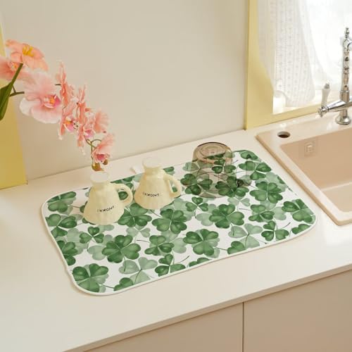 St Patricks Day Dish Drying Mat 18 x 24 inch Dark Green Clover Print Decorative Drying Mats Microfiber Absorbent Shamrock Dish Washable Draining Mat for Kitchen Counter Decor (24" x 18" / Dark Green Clover)