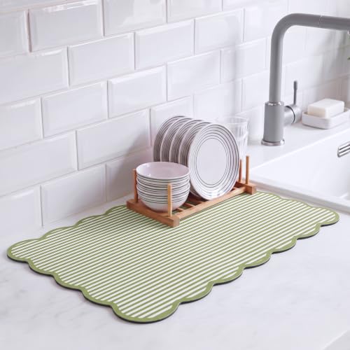 Sage Green Ticking Stripe Scalloped Coffee Mat 12" x 20" Bar Mat (Sage Green / Ticking Stripe)