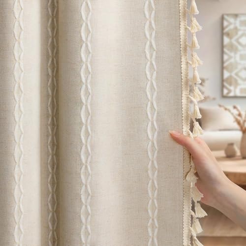 Boho 100% Blackout Curtains 84 Inch 2 Panels Linen Blend Beige (Beige / 52"W x 84"L (Pack of 2))