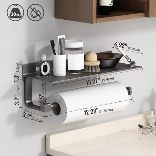 Kitchen Paper Towel Holder with Shelf Wall Mount (Gray)