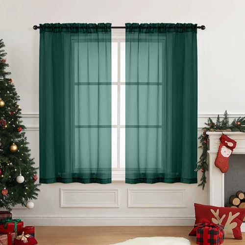 Green Window Sheer Curtains 45 Inches Length (42"W x 45"L (Pack of 2) / Hunter Green)