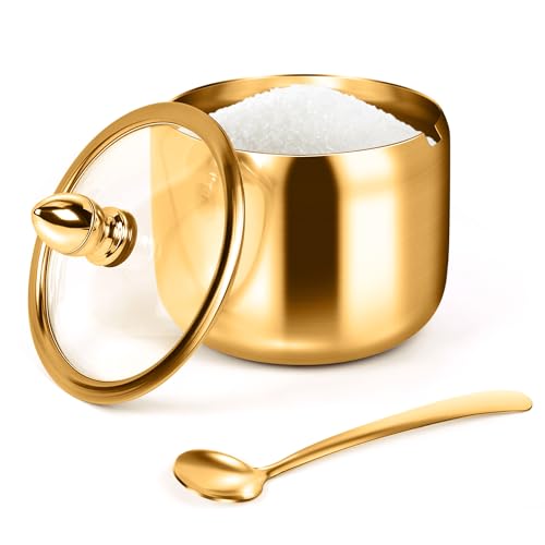 Sugar Container with Glass Lid and Spoon (Gold)