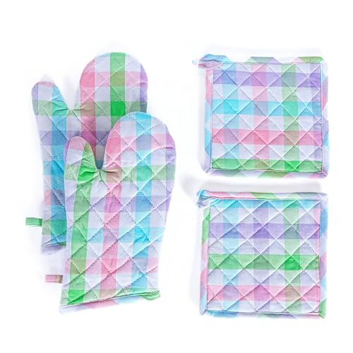 4 Piece Set Gingham Check 2 Oven Mitts & 2 Potholders (Gingham Pastels)