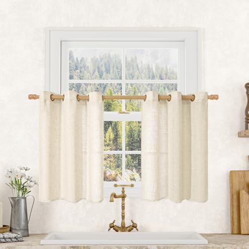 Cream Semi Sheer Linen Curtains 40 Inches Long for Kitchen 2 Panels (52"W x 40"L (Pack of 2) / Cream)