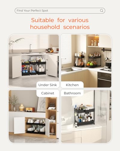 3-Pack 2-Tier Under Sink Organizers with Sliding Drawers (12.8 Inch / Black)
