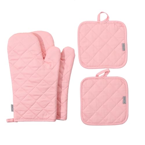 Oven Mitts and Pot Holders 4 pcs Set (Cotton-pink)