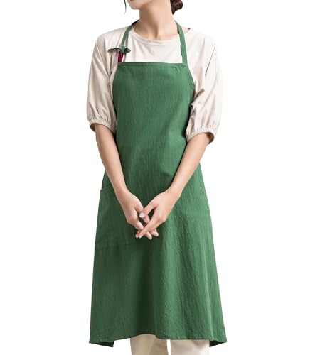 Chef Aprons for Women Men Adjustable Bib Apron Cotton Linen Cooking Apron with Pockets for Baking Restaurant Kitchen (Green)