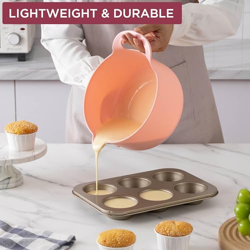 Nesting Plastic Mixing Bowl Set with Pour Spouts and Handles (Rose / 6 Piece Non-Slip)