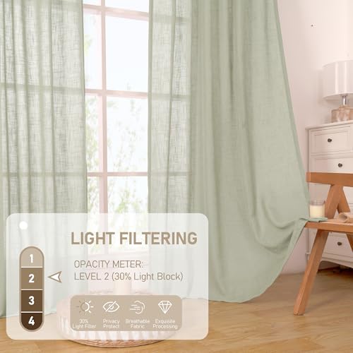 Linen Semi Sheer Curtains 63 inch Length 2 Panels for Living Room (34"W x 63"L (Pack of 2) / Sage Grey)