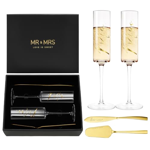4Pcs Mr and Mrs Champagne Flutes with Gold Wedding Cake Knife (Love is Sweet（Gold Cake Knife） / Set of 4（Gift box）)