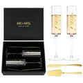 4Pcs Mr and Mrs Champagne Flutes with Gold Wedding Cake Knife (Love is Sweet（Gold Cake Knife） / Set of 4（Gift box）)