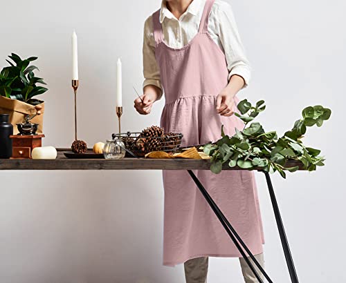 Japanese Cotton Cross Back Smock Apron for Women with Pockets Pink (05 - Pink Without Waist Ties)